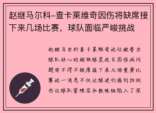 赵继马尔科-查卡莱维奇因伤将缺席接下来几场比赛，球队面临严峻挑战