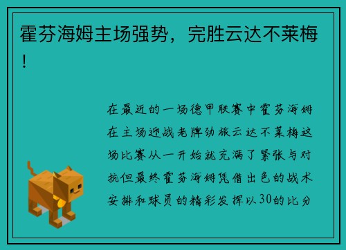 霍芬海姆主场强势，完胜云达不莱梅！